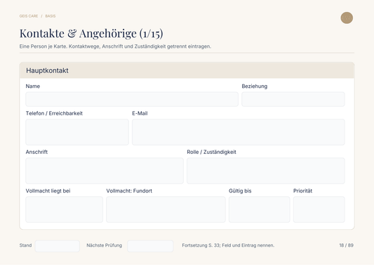 Original-Innenseite GeisCare Notfallmappe Basis: Kontakte und Angehörige – Vorschau mit leeren Feldern