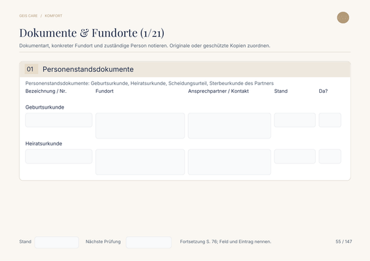 Original-Innenseite GeisCare Notfallmappe Komfort: Dokumente und Fundorte – Vorschau mit leeren Feldern