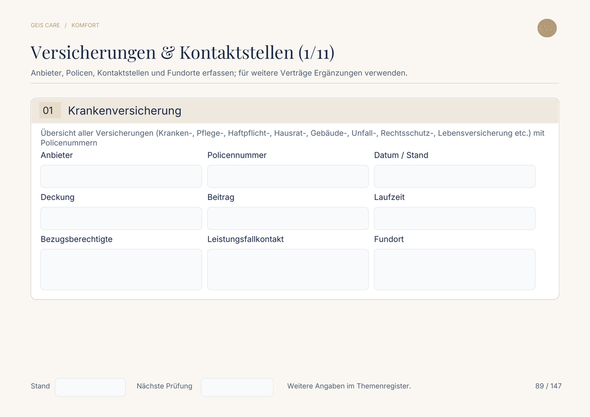 Original-Innenseite GeisCare Notfallmappe Komfort: Versicherungen und Kontaktstellen – Vorschau mit leeren Feldern