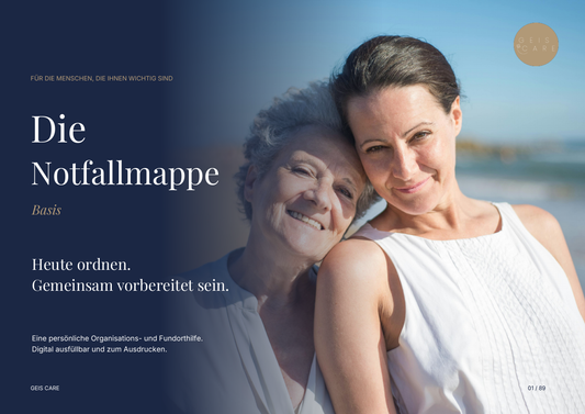 GeisCare Notfallmappe Basis – echtes Deckblatt der ausfüllbaren PDF mit 89 Seiten