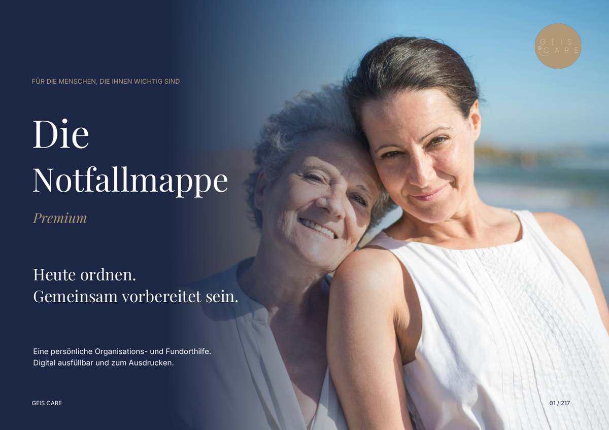 GeisCare Notfallmappe Premium – echtes Deckblatt der ausfüllbaren PDF mit 217 Seiten