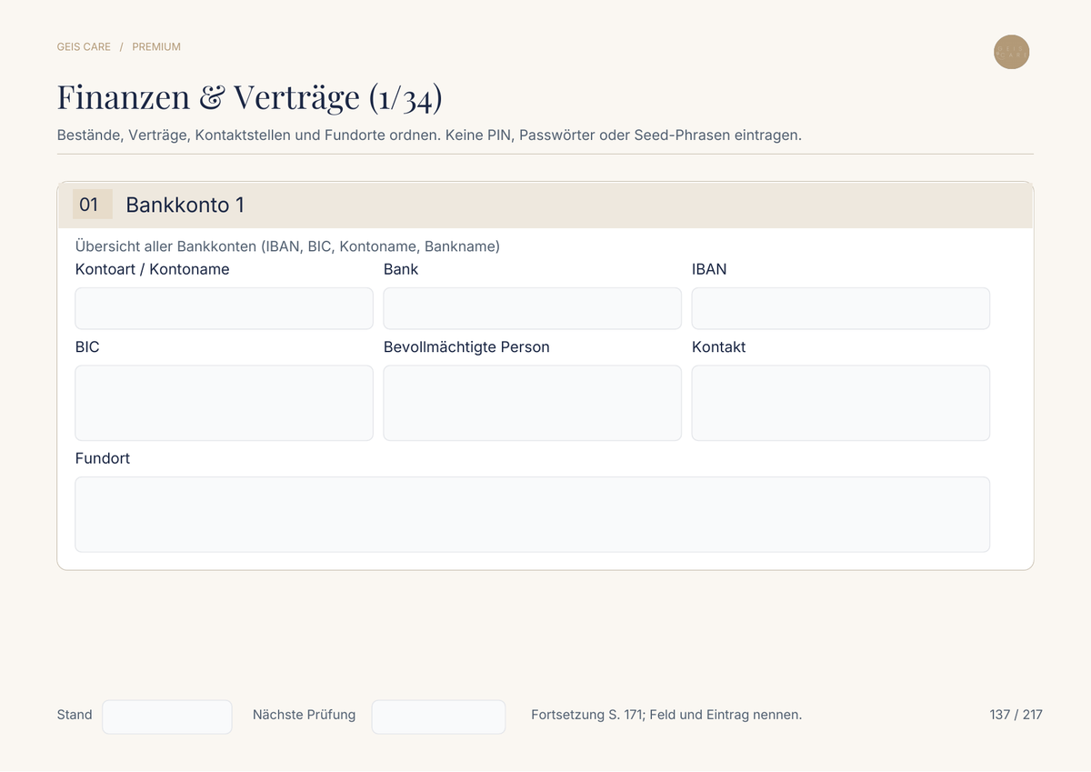 Original-Innenseite GeisCare Notfallmappe Premium: Finanzen und Verträge – Vorschau mit leeren Feldern