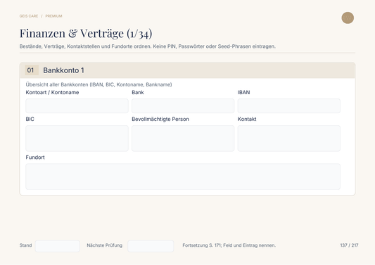 Original-Innenseite GeisCare Notfallmappe Premium: Finanzen und Verträge – Vorschau mit leeren Feldern