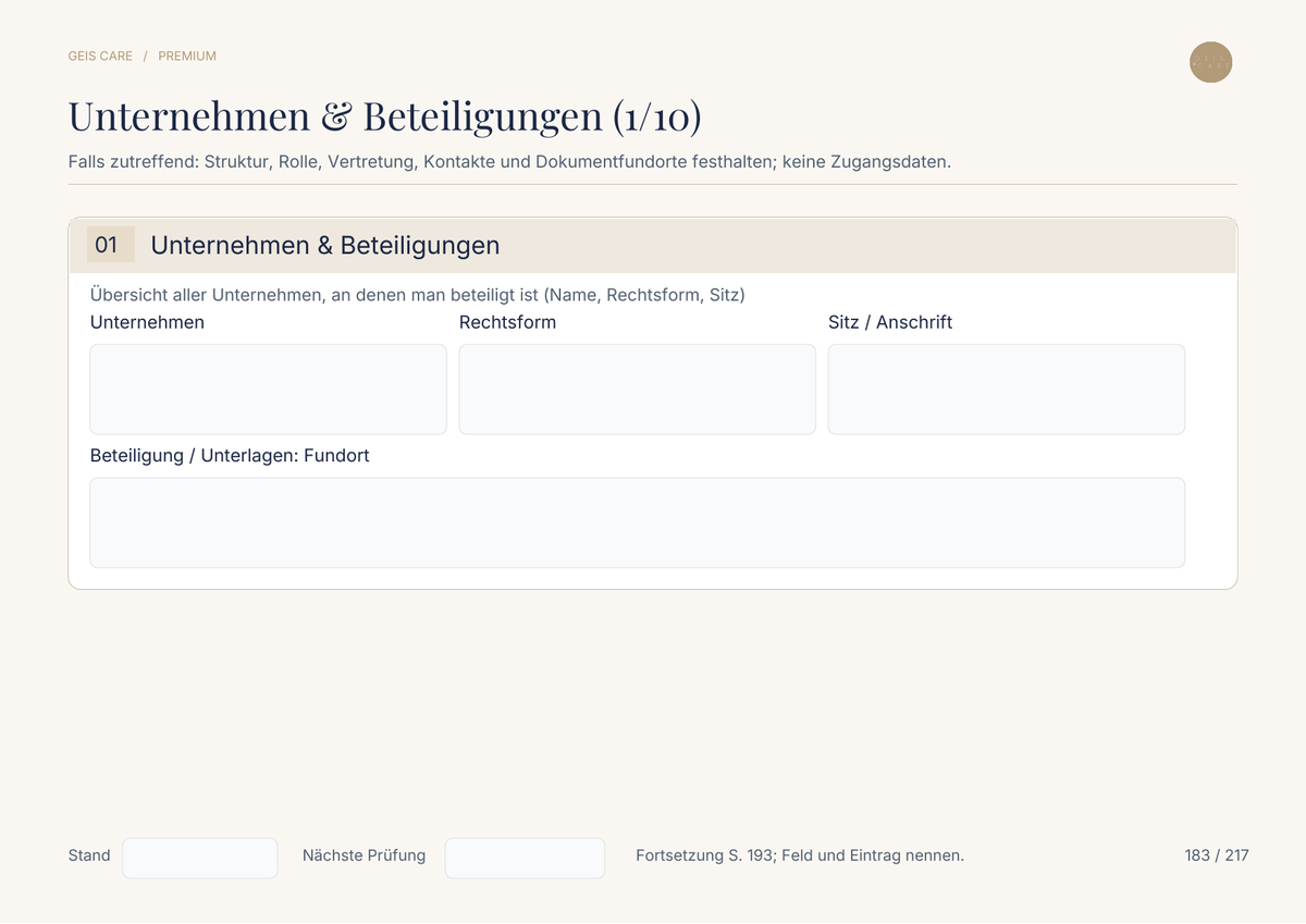 Original-Innenseite GeisCare Notfallmappe Premium: Unternehmen und Beteiligungen – Vorschau mit leeren Feldern